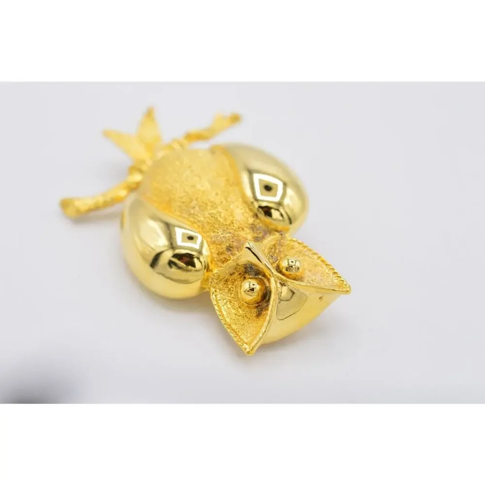Vintage Wise Owl Pin Brooch Brushed Gold Textured Chunky Figural 80s 1980s BinJ